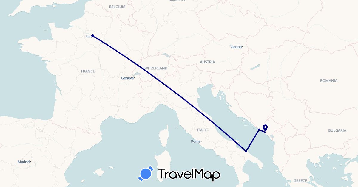 TravelMap itinerary: driving in France, Croatia, Italy, Montenegro (Europe)